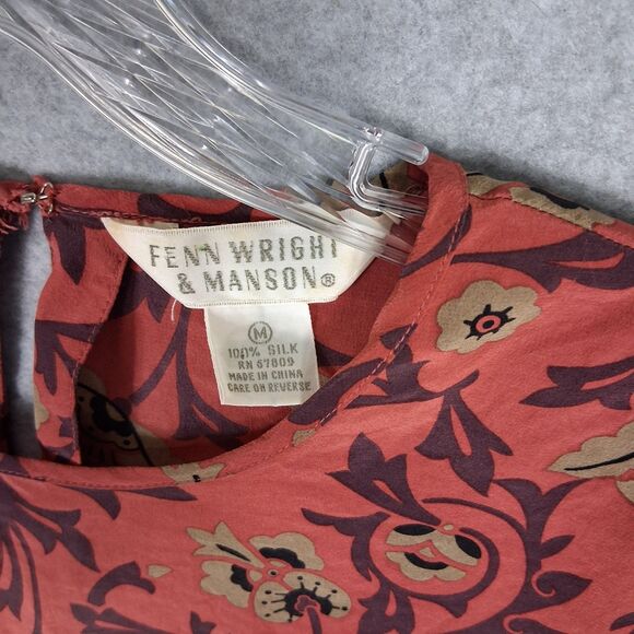 Fenn Wright Manson Womens Silk Blouse Medium Red Floral Asian Oriental Office - Picture 3 of 8